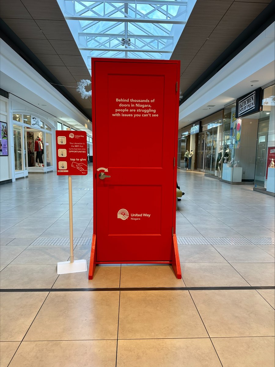 UWNiagara's tweet photo. Starting today, you can find the United Way Niagara Red Door and Tap to Donate at @thepencentre in St. Catharines! Stop by and make a donation, or share a photo on your social media to help spread the #BehindClosedDoors message! #LocalImpact https://t.co/aLsHy08qgT