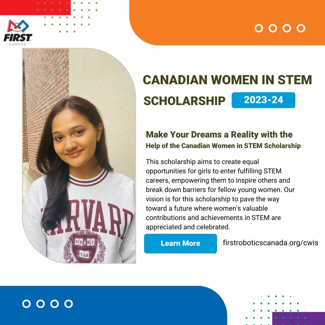 Apply for the Canadian Women in STEM Scholarship by Jan 31, 2024, 11:59 pm (ET). Female Canadian high school students in FRC/FTC can be awarded $10,000. Enroll in college/university by fall 2024 for engineering/science. Be a STEM role model! Info: ow.ly/gglV50QfZjl