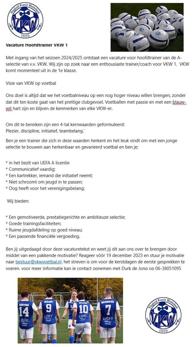 Vacature hoofdtrainer VKW 1! 

#voetbal #vkw #trainer #onzeclub
<a href="/Blikvoetbal/">Blikopvoetbal</a> <a href="/DrentheSport/">RTV Drenthe Sport</a> <a href="/Voetbalnoord_/">Voetbalnederland.nl</a>