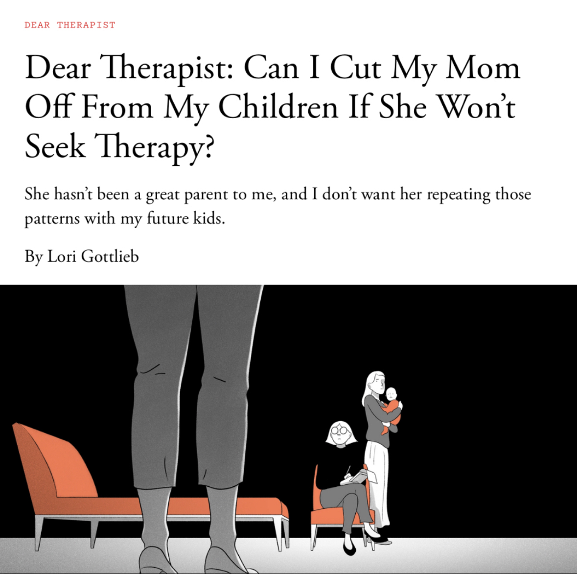 Lori Gottlieb on X: “You can (sometimes) coerce someone to go to therapy,  but you can't force them to grow.” My @theatlantic column: knowing the  difference between blackmail & boundaries. Read⬇️