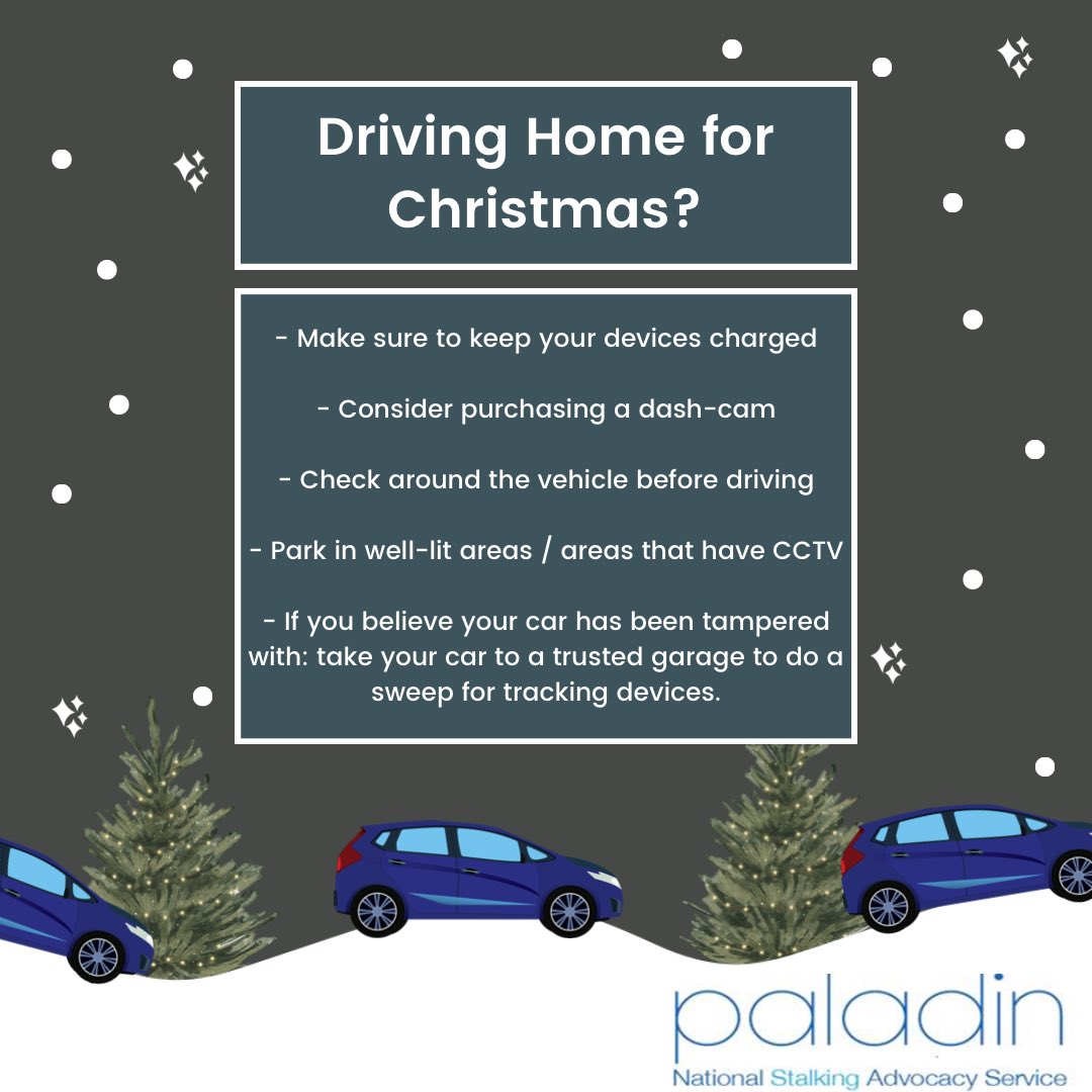 Driving Home for Christmas? This time of year can be particularly busy for car users. Here are some tips to help keep yourself safe over the festive period and beyond. #christmas #stalkingawareness #stalkingadvocacy #stalking