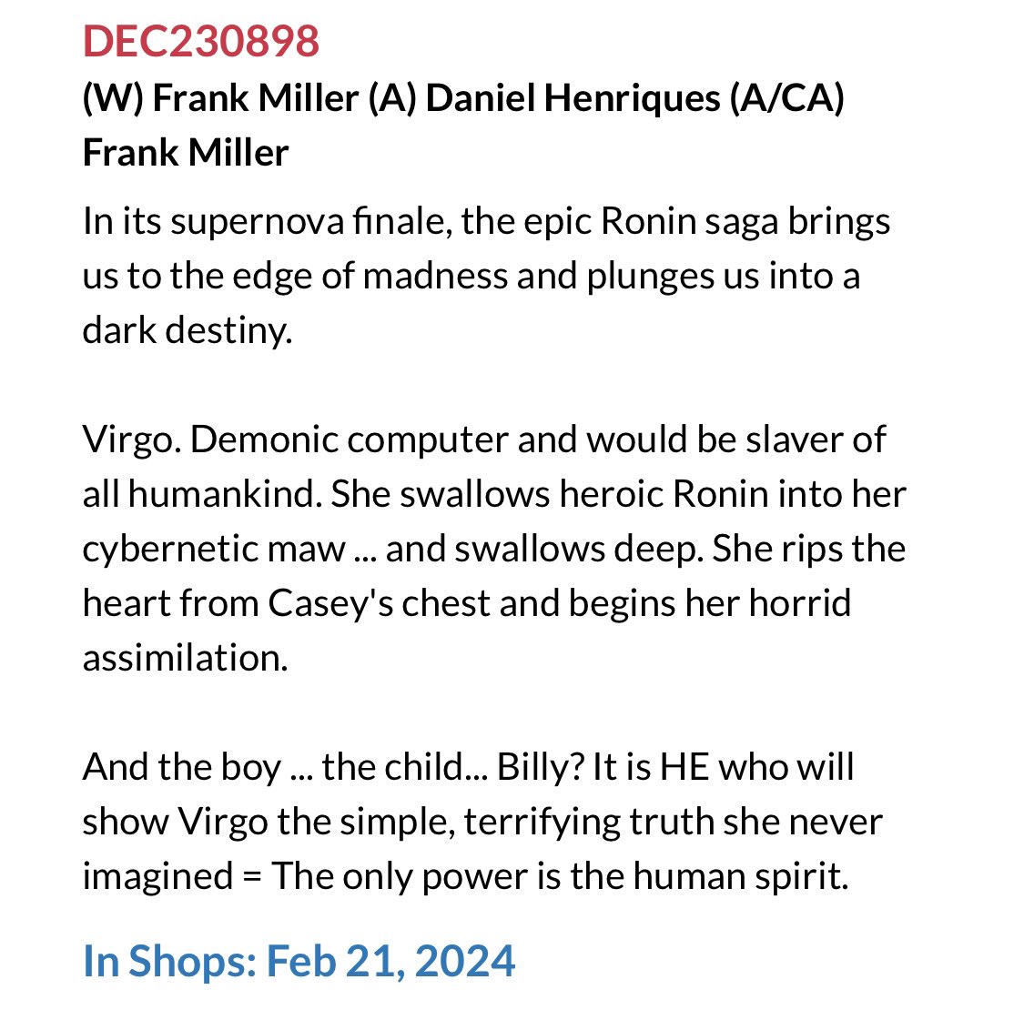 Join us in February with <a href="/FrankMillerInk/">Frank Miller</a> and <a href="/DHenriquesInks/">Daniel Henriques</a> once more taking the reigns of artistic production on the supernova finale of RONIN Book II. 
 
 —— —— 
#frankmiller #frankmillerpresents #ronin #ronin2 #roninbookII #danielhenriques #comics #ComingSoon