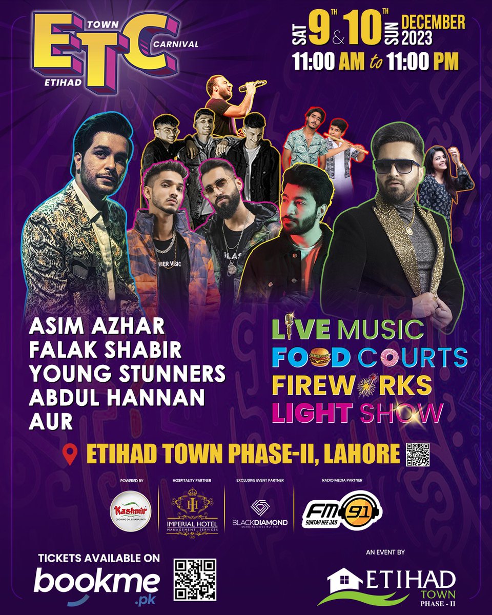 Join the Etihad Town Carnival, Dec 9-10!  Performances by Asim Azhar, Falak Shabir, and more. Car show, food court, fireworks, and surprises! 
#ETCbyEtihadTown #EtihadTownPhase2 #LahoreEvents #FamilyFun #WeekendVibes 
@EtihadTownOffic