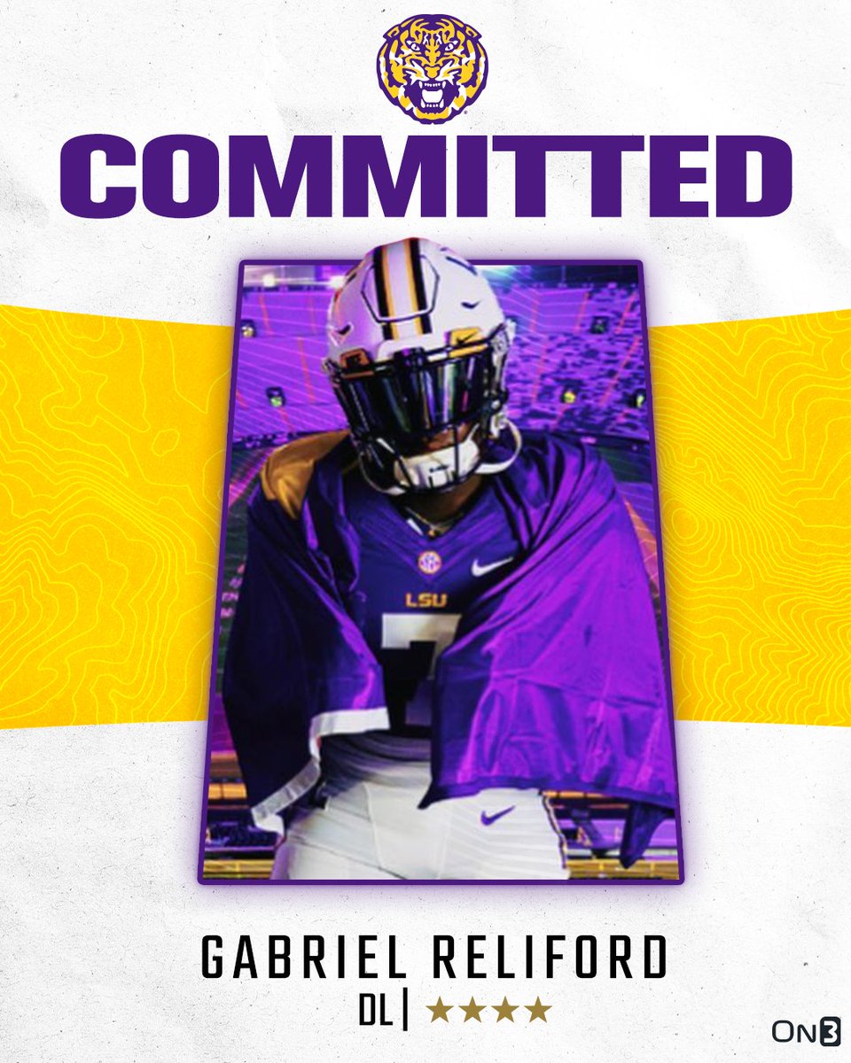 🚨BREAKING🚨 4-star DL Gabriel Reliford has committed to LSU🐯

He ranks No. 59 NATL. (No. 7 DL) in the 2024 On300‼️

More from <a href="/samspiegs/">Sam Spiegelman</a>: on3.com/college/lsu-ti…