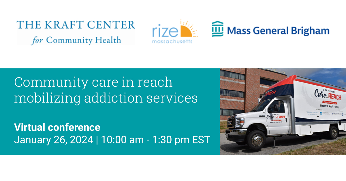 On Friday Jan 26, 2024, @KraftCommHealth at Mass General Brigham and @RIZEMass will be hosting a free virtual conference on mobilizing addiction services. Join us for sessions on how to launch a program, outreach strategies & more. (CME credit available) partners.zoom.us/meeting/regist…