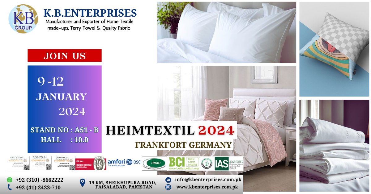 Join us at Heimtextil 2024! Explore our textile innovations at Hall 10.0, Stand A51-B from January 9th to 12th january. Be part of our journey in textile excellence!
#Kbenterprises #heimtextile2024 #polanitextiles #frankfurt #germany #textiledesign #hometextiles