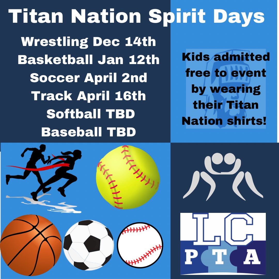 Just a reminder for some future athletic events, students who wear their shirts gain free admission! Our next #TitanNation T-shirt night is this coming Thursday w/the Wrestling triangular w/Kuemper Catholic & Atlantic. We can’t wait to see you there!  #LCTitans #LCExcellence