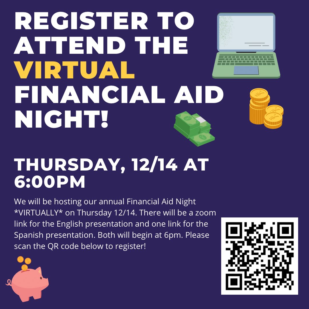 ghsccic's tweet photo. Register to attend our Virtual Financial Aid Night next Thursday, 12/14 at 6pm! There will be an English &amp; Spanish presentation. We will be discussing the FAFSA application, the MHEC programs (including the MSFAA) and how to apply! https://t.co/YhXBRGeVBV https://t.co/TfCzIDpken