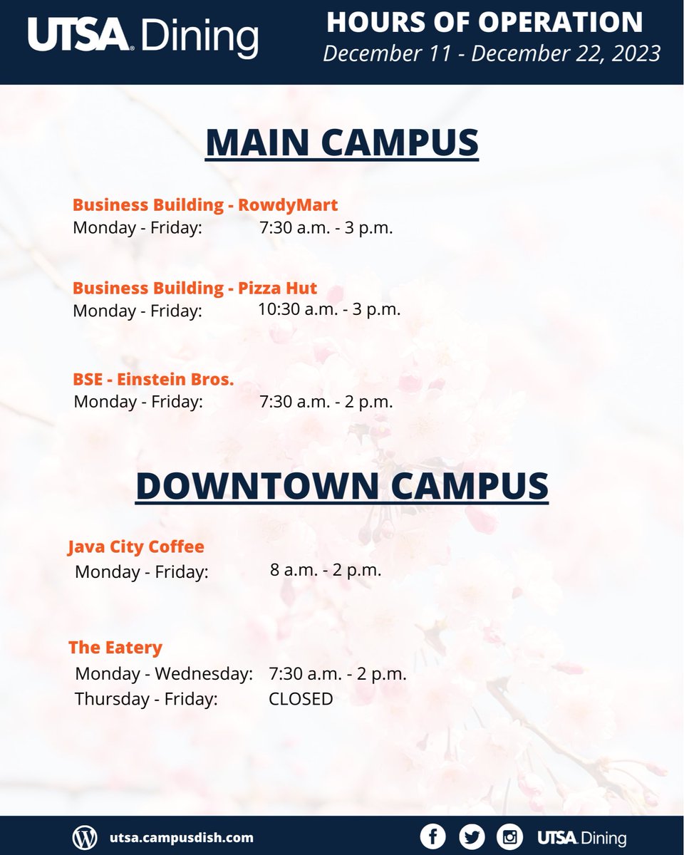 UTSADining's tweet photo. Holiday Hours 🎄✨  

During the break, please note that the JPL and Student Union Food Courts will be closed; however, the Business Building RowdyMart, Pizza Hut, and Einstein Bros in the Biotechnology Sciences &amp; Engineering building will remain open for your convenience. 📆 https://t.co/vlToTrOzzZ