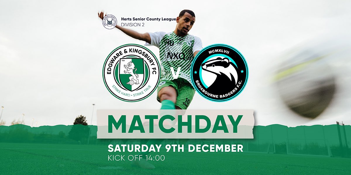Next up we welcome @broxbourne_bfc to the home of @EdgwareFC Reserves for our next league match 🙌🎄

🗓️ Saturday 9th December
👕 Edgware & Kingsbury Reserves
🆚 Broxbourne Badgers FC
🏟️ @oaklandscollege (AL4 0XS)
🕑 2pm kick off

#TheWares #Wares ⚽️💚🤍

👕 sponsors: tagged