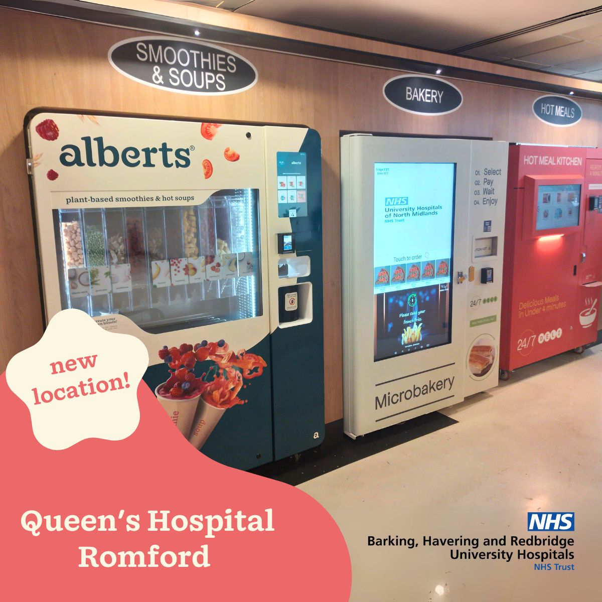 Just launched a new #AlbertsOne machine at the 24/7 Deli at NHS Queen's Hospital in Romford, UK! ✨ 🥣🥤We’re proud to provide a healthy option with our soup and smoothie blends! A special shoutout to all the teams that made this possible! 👏 💚
