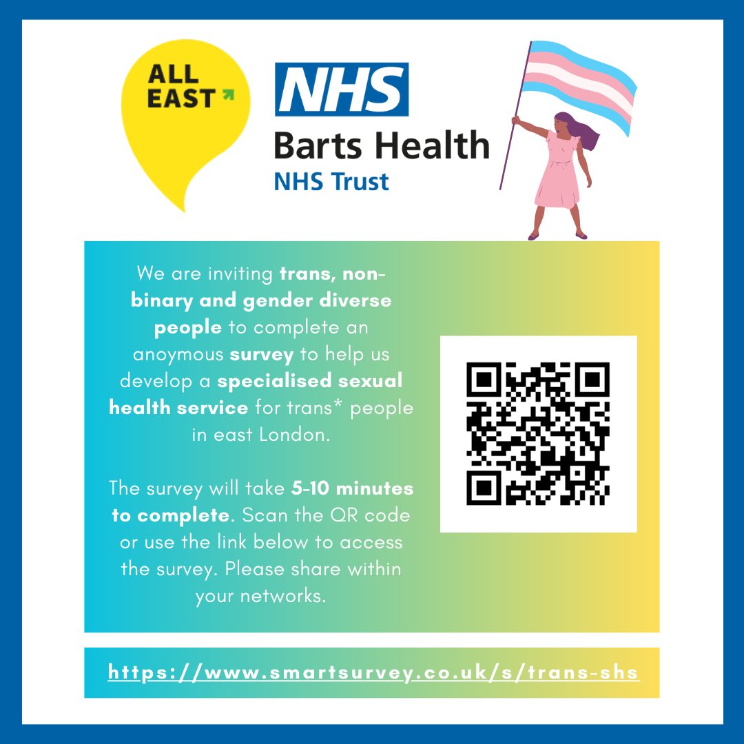 We would like to hear from members of the trans community in east London to help design a specialised sexual health service for trans, non-binary and gender diverse individuals. Link below. Please RT and share widely! smartsurvey.co.uk/s/trans-shs