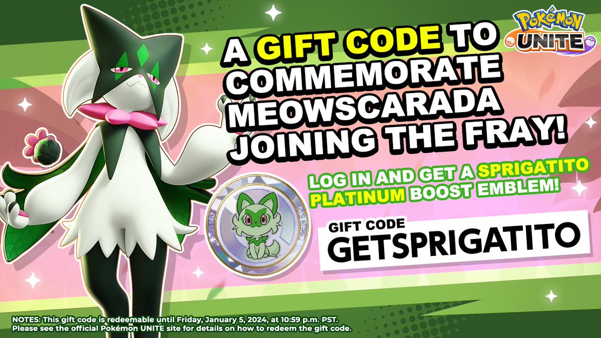 ¡Meowscarada se ha unido a #PokemonUNITE!

Para celebrar, ingresa el código "GETSPRIGATITO" antes del 5 de enero de 2024 y recibe un emblema Sprigatito Platinum gratis.