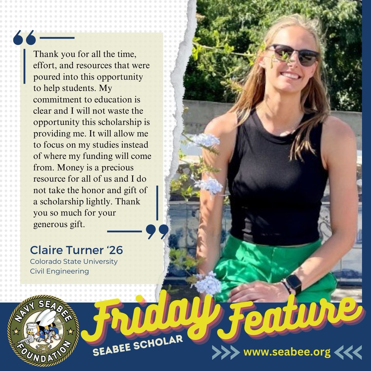 SeabeeMemorial's tweet photo. Meet this week's Seabee Scholar, Claire who is majoring in Civil Engineering at Colorado State Univ, thanks to her grandfather's service, SWF2 Bernard Najvar. Support the Seabee Memorial Scholarship. Consider making a year-end donation today! https://t.co/XSZhDuzIiX. #Seabees https://t.co/4PnM7nNqjw