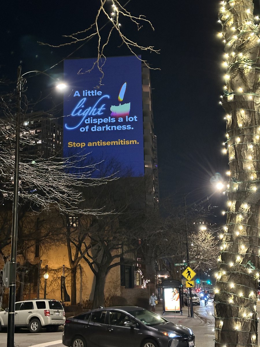 ChicagoJCRC's tweet photo. Look up as you walk around Chicago during Hanukkah.  Stop antisemitism.  Remember the Hostages. Am Yisrael Chai! https://t.co/x8ZMLfqxl3