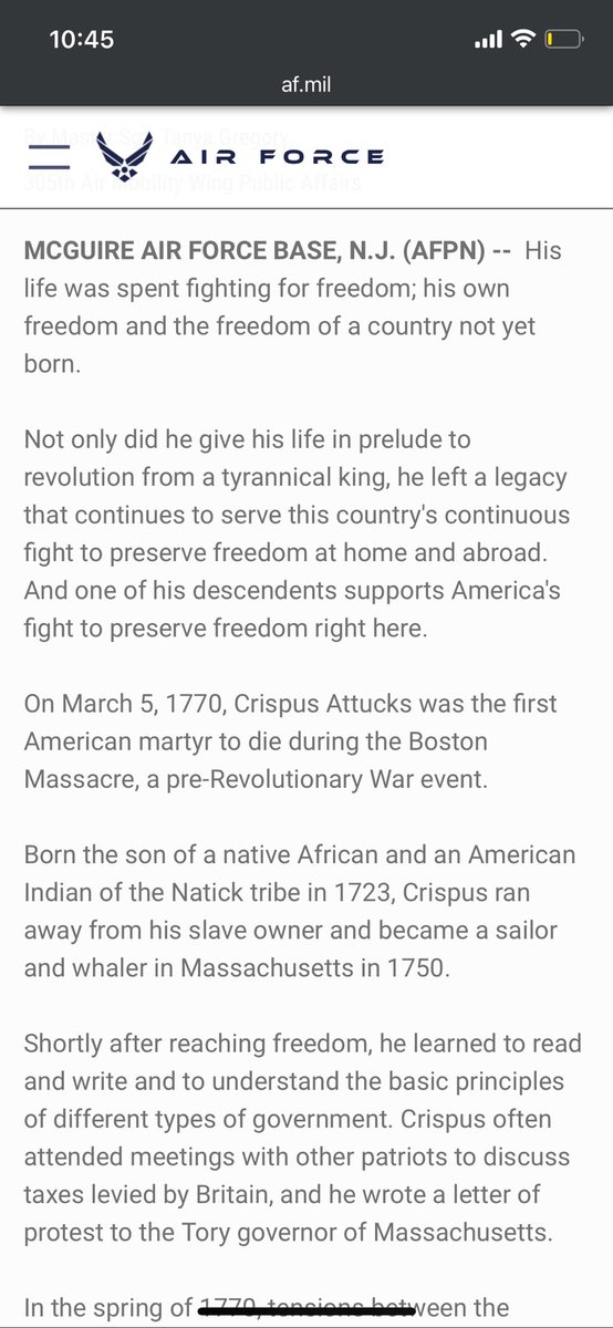 emoncrieffe85's tweet image. (4/4) Go argue w/ the military @USArmy @usairforce not me 😅

The Army Armed Forces said what they said, “Born the son of a native African and an American Indian of the Natick tribe in 1723, Crispus ran away from his slave owner &amp;amp; became a sailor &amp;amp; whaler in MA in 1750
#Attucks