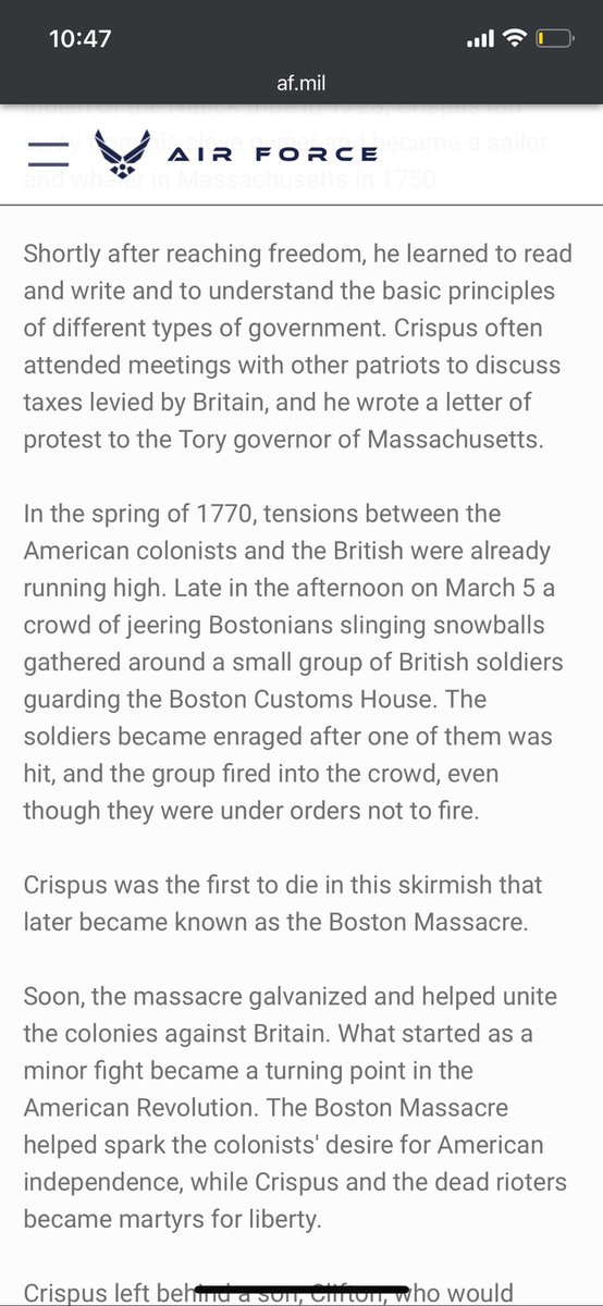 emoncrieffe85's tweet image. (4/4) Go argue w/ the military @USArmy @usairforce not me 😅

The Army Armed Forces said what they said, “Born the son of a native African and an American Indian of the Natick tribe in 1723, Crispus ran away from his slave owner &amp;amp; became a sailor &amp;amp; whaler in MA in 1750
#Attucks