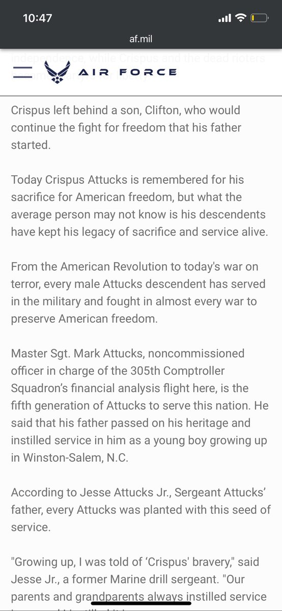 emoncrieffe85's tweet image. (4/4) Go argue w/ the military @USArmy @usairforce not me 😅

The Army Armed Forces said what they said, “Born the son of a native African and an American Indian of the Natick tribe in 1723, Crispus ran away from his slave owner &amp;amp; became a sailor &amp;amp; whaler in MA in 1750
#Attucks