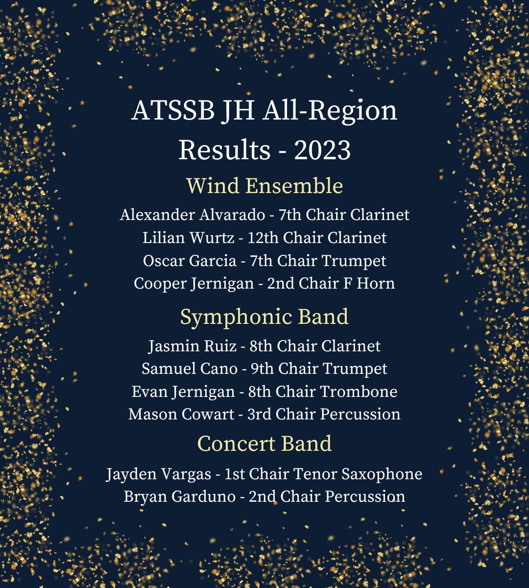 On December 2nd Bay City Junior High Band took 16 students to the ATSSB Region 13 Band Auditions. Bay City had 10 students place in a band! They will be performing in the All-Region Concert on Saturday, January 27th, 2024 @ Needville High School.