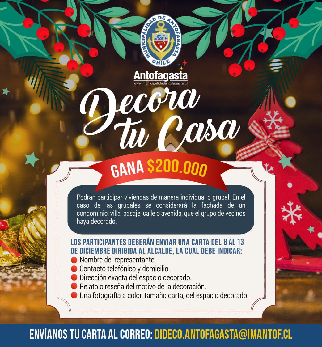 Atención #Antofagasta 📢
Los invitamos a participar de nuestro concurso navideño “Decora tu Casa” 🎅🏼🎄✨
