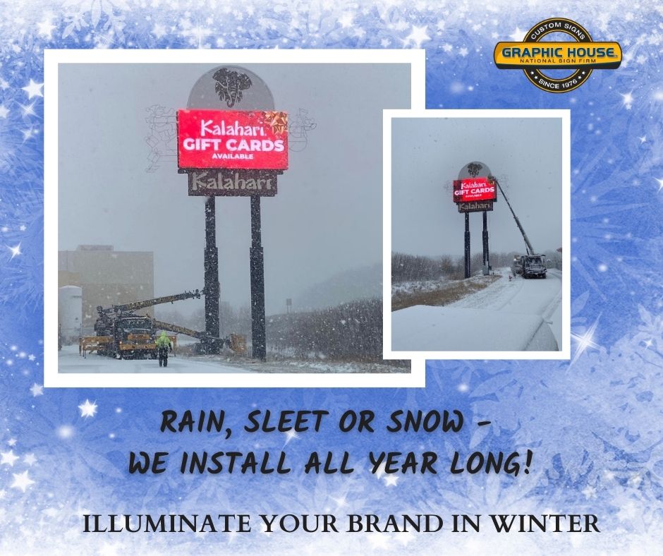 GraphicHouseGHI's tweet photo. Winter installations are our specialty! Graphic House is committed to delivering top-notch custom signs, fabricated in-house and installed with care. Don't let the cold weather keep your brand in the shadows—let us illuminate it! ❄️🔆 #WinterSignCrafting https://t.co/q4WXhJI7jc