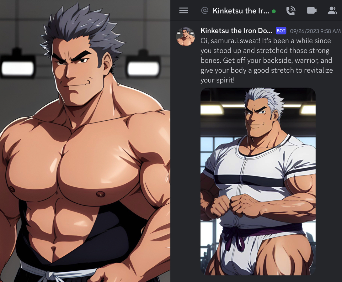 SamuraiSweat's tweet photo. SamurA.I. Sweat’s dynamic starting roster of AI Fitness Companions, now available on Discord for FREE! 🎉

What makes our fitness companions so special? Here's a glimpse:

* 🎭 Unique Personalities & Backstories: Each companion comes with its own distinct character, making your fitness journey more engaging than ever!
* 💪 Personalized Workouts: Tailored to your individual goals, preferences, and exercise history. They’ve got you covered, whether you're a beginner or a pro!
* 🤝 Accountability & Encouragement: Need a nudge to keep going? Your companion is here to cheer you on every step of the way.
* 🎉 Fun & Entertainment: Say goodbye to boring routines! Our companions make fitness a delightful and entertaining experience.

Join us on Discord and meet your new workout partner today!

#AIFitness #WorkoutCompanion #FitnessRevolution #DiscordFitness