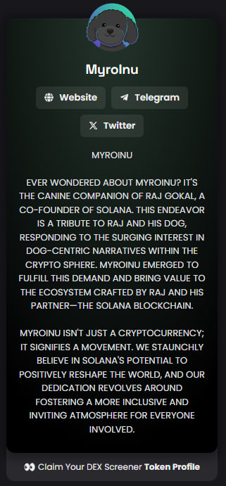 MyroInuSOL's tweet photo. MyroInu Information updated on DexScreener 🚀

https://t.co/Ilh4D70vfL https://t.co/7I68ffwo3T
