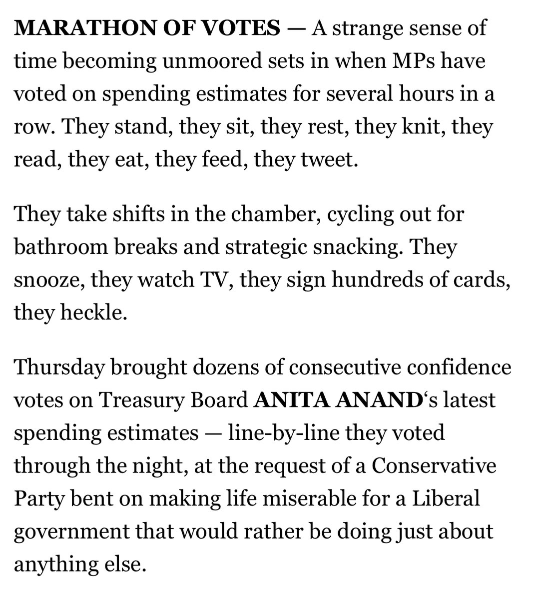 "They stand, they sit, they rest, they knit, they
read, they eat, they feed, they tweet" — <a href="/TaylorVaisey/">Nick Taylor-Vaisey</a> on MPs in the House #cdnpoli 
politi.co/4aoYnEH via <a href="/politico/">POLITICO</a>