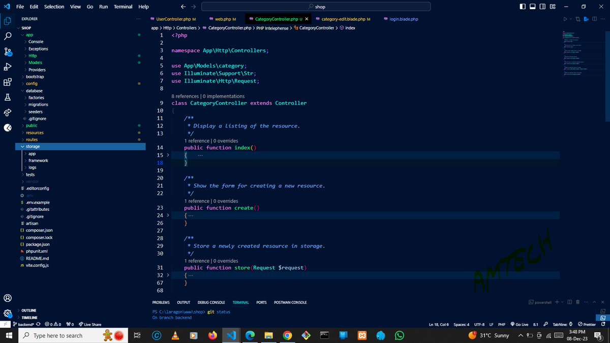 AbdulsalamTech's tweet image. This week has been really stressful so far📷.
Working to improve my LARAVEL skills by working on a personal ecommerce project.
Done with Users and Categories controllers.
Making progress daily hasn't been really easy.
#laravel #amtech #amtechdigital @AbdulsalamTech