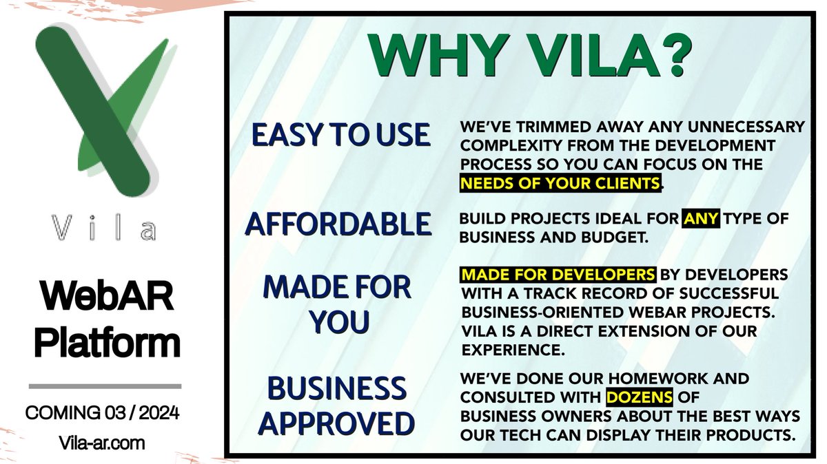 Vila, the new business-focused WebAR platform is coming next March!

Sign up to learn more:

vila-ar.com