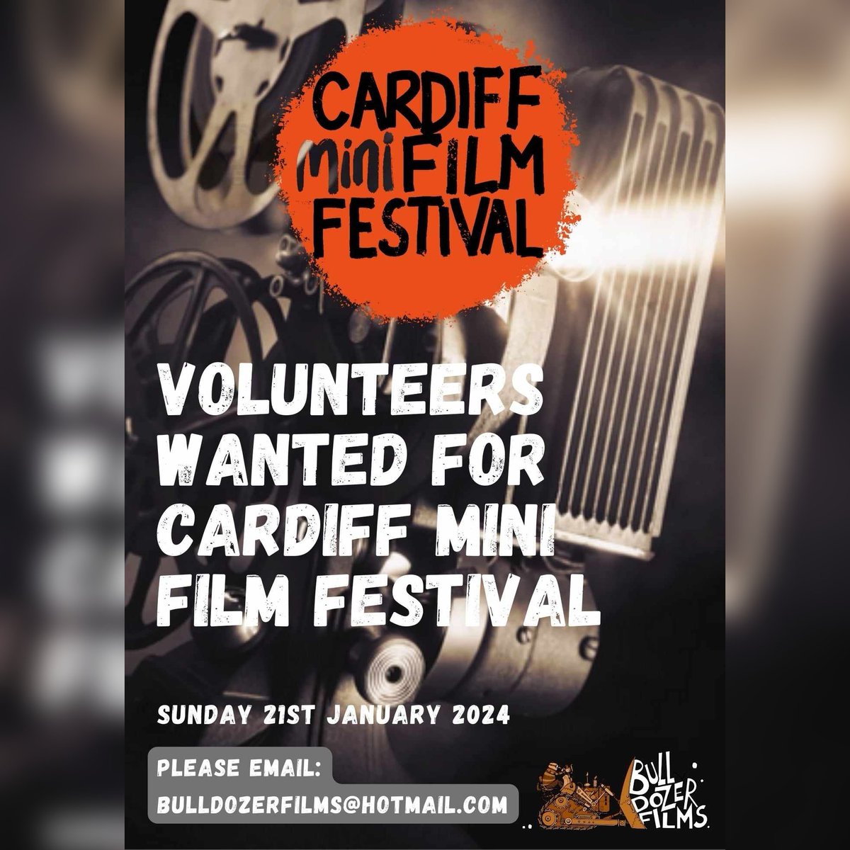 WANTED! Volunteers for Cardiff Mini Film Festival 📽️ Date: Sunday 21st January 2024 📅 Location: Clwb Ifor Bach 📍 If you'd like to help out at our screenings, awards and networking day please email: bulldozerfilms@hotmail.com