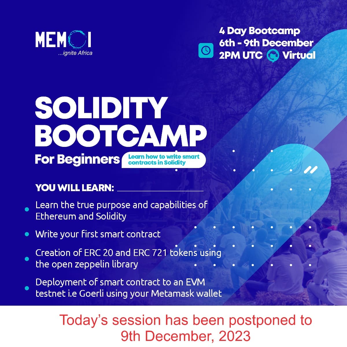 _one_dev's tweet photo. Important 🟣🟣🟣🟣
We sincerely apologize, the class has been postponed to tomorrow. We appreciate your understanding and cooperation in this matter.
#memoiafrica
#soliditybootcamp https://t.co/5Kcg8ZxI8O