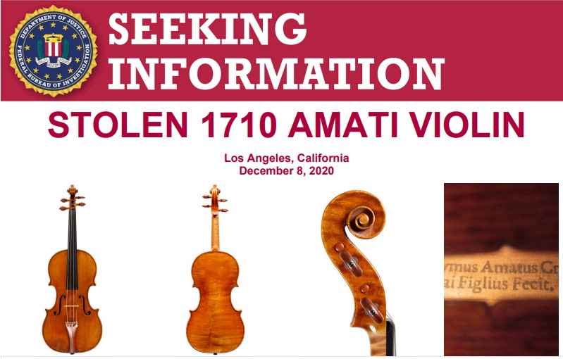 A rare 1710 #Amati #violin was stolen in December 2020. The FBI Art Crime Team in Los Angeles needs your help to find it! Please call 310-477-6565 with information or to claim a #Reward. #FindArtFriday 
Details: fbi.gov/wanted/seeking…