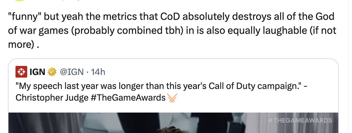 Call Of Duty: the developers respond to Christopher Judge's joke during the  TGA 2023 