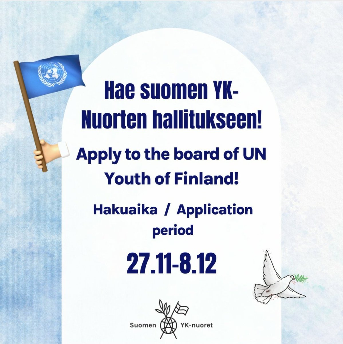 Kiinnostaako järjestötoiminta muun muassa rauhan ja koulutuksen teemojen parissa? 🕊️

Vielä kerkeät hakemaan Suomen YK-nuorten hallitukseen! 🤩

Täytä hakulomake täällä ➡️ docs.google.com/forms/d/e/1FAI…