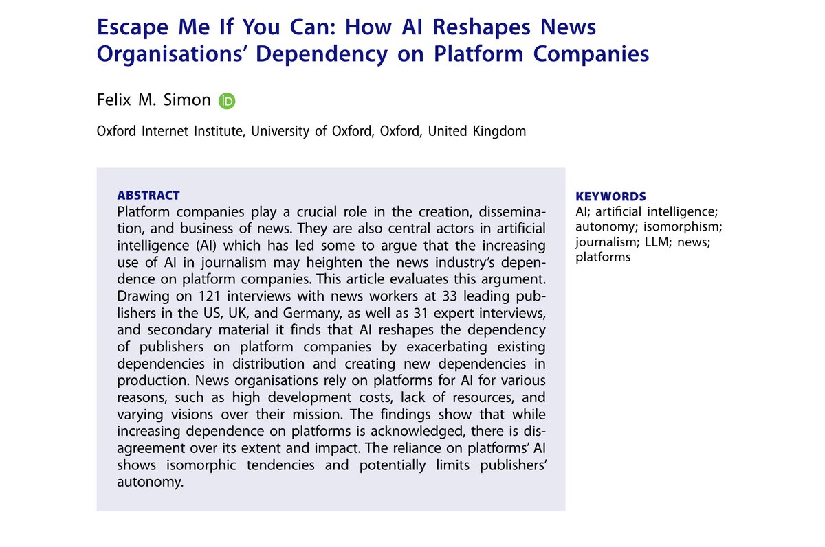 🚨Publication alert 𝘋𝘰𝘦𝘴 𝘵𝘩𝘦 𝘶𝘴𝘦 𝘰𝘧 𝘈𝘐 𝘮𝘢𝘬𝘦 𝘵𝘩𝘦 𝘯𝘦𝘸𝘴 𝘥𝘦𝘱𝘦𝘯𝘥𝘦𝘯𝘵 𝘰𝘯 𝘣𝘪𝘨 𝘵𝘦𝘤𝘩? Answer: 𝗬𝗲𝘀! (𝗯𝘂𝘁 𝗶𝘁'𝘀 𝗰𝗼𝗺𝗽𝗹𝗲𝘅), drawing on +150 interviews with experts & employees at 33 publishers in 🇺🇸🇬🇧🇩🇪 🔓🔗 tandfonline.com/doi/full/10.10…