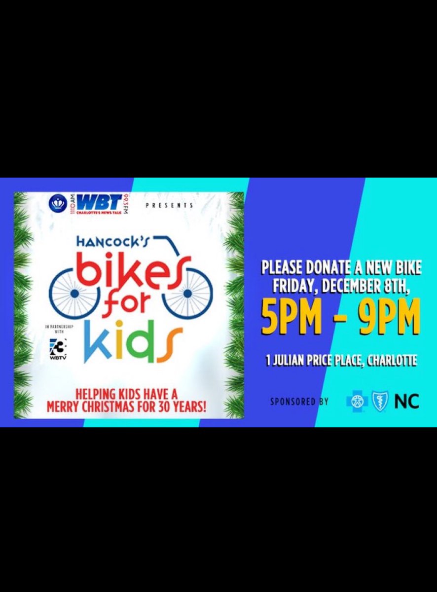 John Moore (@johnmooreshow) on Twitter photo .<a href="/HeyHancock/">John Hancock</a> Bikes for Kids event is THIS EVENING at <a href="/wbtradio/">News Talk 1110 & 99.3 WBT</a> at One Julian Price Place. Looking forward to meeting WBT listeners who will be bringing bike(s). BTW bikes can be dropped off at area Woodies Auto Service locations. 
Thank you and #MerryChristmas! .<a href="/HeyHancock/">John Hancock</a> Bikes for Kids event is THIS EVENING at <a href="/wbtradio/">News Talk 1110 & 99.3 WBT</a> at One Julian Price Place. Looking forward to meeting WBT listeners who will be bringing bike(s). BTW bikes can be dropped off at area Woodies Auto Service locations. 
Thank you and #MerryChristmas!