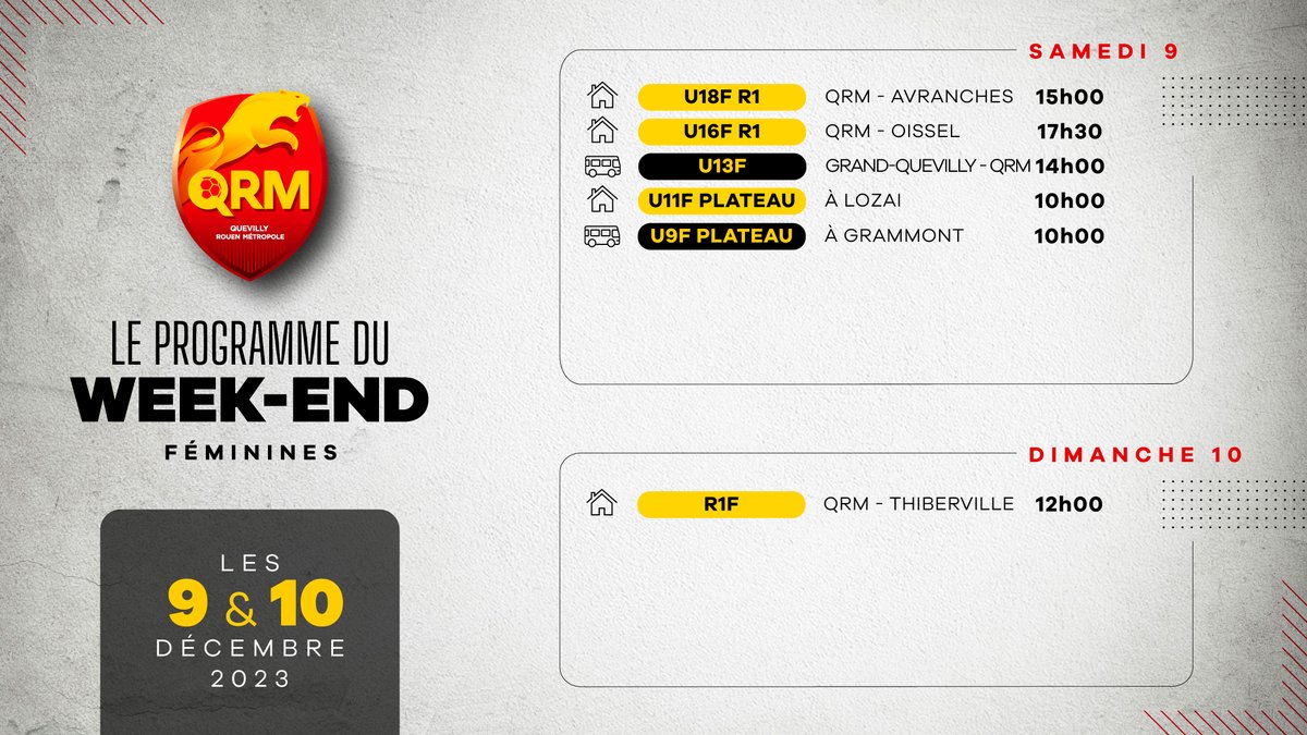 ⚔️ Réceptions de Thiberville pour nos Séniors, d'Avranches pour nos U18 et de Oissel pour nos U16 en championnat ce week-end.

Le programme complet du week-end pour nos équipes féminines ⤵️