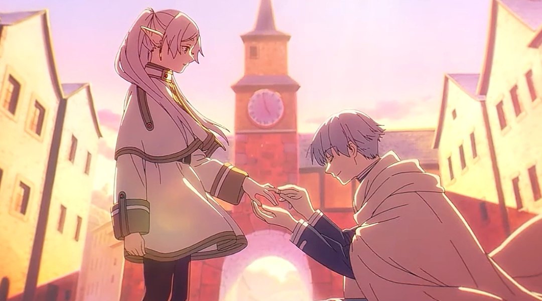 arahyumez's tweet photo. This may be my favorite episode of Frieren so far. They gave this scene so much justice. The way Himmel kneels and puts the ring on Frieren's finger is so smooth. Himmel the chaddest chad! They even added the wedding bell sound. 
#フリーレン #frieren https://t.co/Oi7pm7OeVT