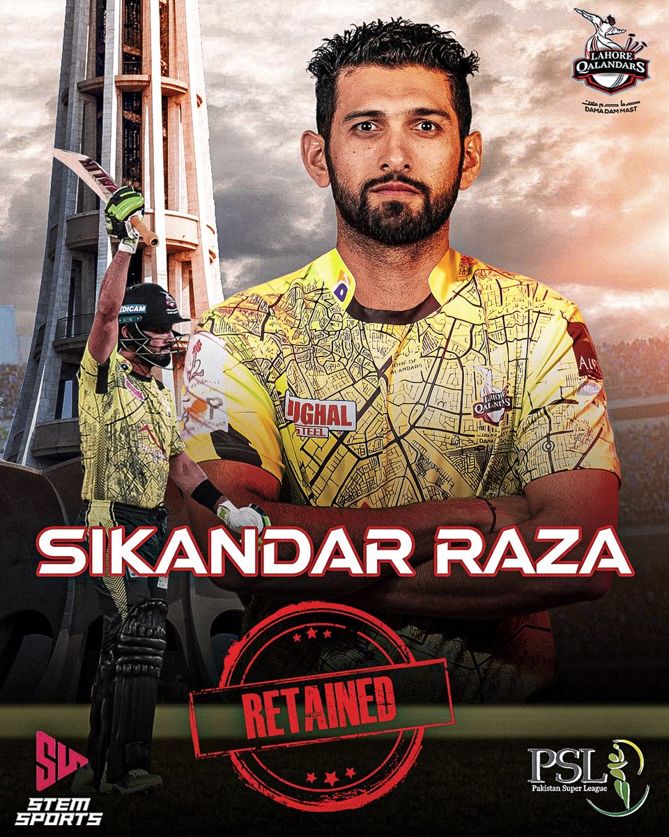 *DEAL*🔏📝 | Lahore Qalandars🏏 

We are delighted to announce @SRazaB24 has been retained by the PSL Champions! He will be representing @lahoreqalandars in @thePSLt20 in 2024!

#Cricket #SikandarRaza #SRB24 #LahoreQalandars #PakistanSuperLeague #Deals #Retention #StemSports