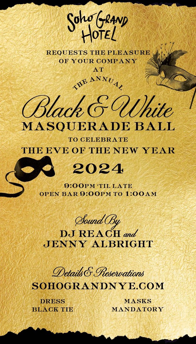 Soho Grand’s 14th Annual Black &amp; White Masquerade Ball is an ode to Truman Capote’s infamous Grand Masked Ball, hosted in New York 1966. The soiree was attended by ingenious creatives of the art, design, music and fashion worlds. Ring in the New Year the Grand way.