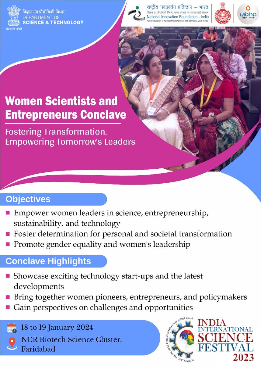 karandi65's tweet photo. Igniting a spirit of empowerment, the 'Women Scientists and Entrepreneurs Conclave' at #IISF2023 inspires #women to take charge of their own destinies. It paves the way for a future where gender equality and women's leadership thrive. The Conclave will feature lively sessions and panel discussions, bringing together women pioneers, #entrepreneurs, and #policymakers to explore the expansive terrain of challenges, opportunities, funding policies, and the influential role of networking.