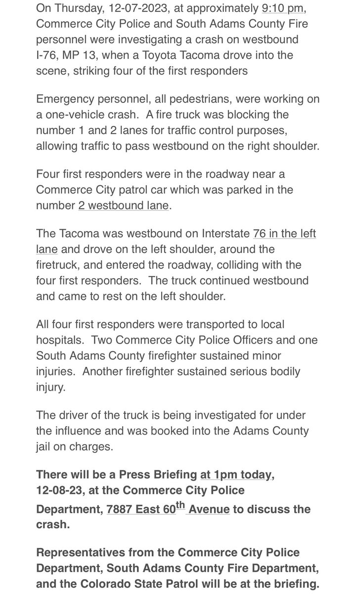 CommerceCityPD's tweet photo. Formal news release from @CSP_News on last night’s collision that injured four 1st responders: 2 @SACFD200 firefighters and 2 CCPD officers👇 https://t.co/WXj2IZAvsk