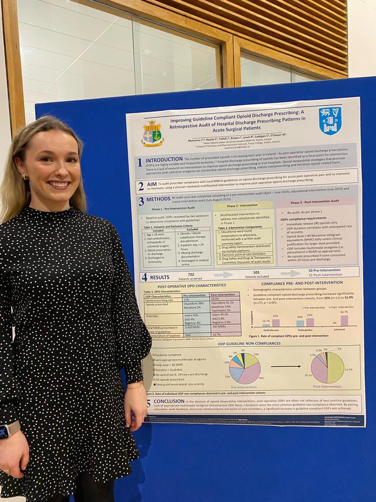 Congratulations to Lara Mulvanny who presented her MSc project on improving opioid discharge prescribing at yesterday’s @TCDPharmacy project presentations. An topical project with an excellent outcome #medsafety #OurMaterTeam