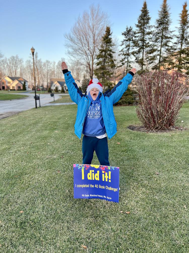 Christian K is jumping for joy as he is the first student to complete the 40 Book Challenge this school year. He has already read 2 million + words in 9 different genres and he isn’t done yet…he wants to double his goal and read 80 or more books this year!Way to go, Christian!📚