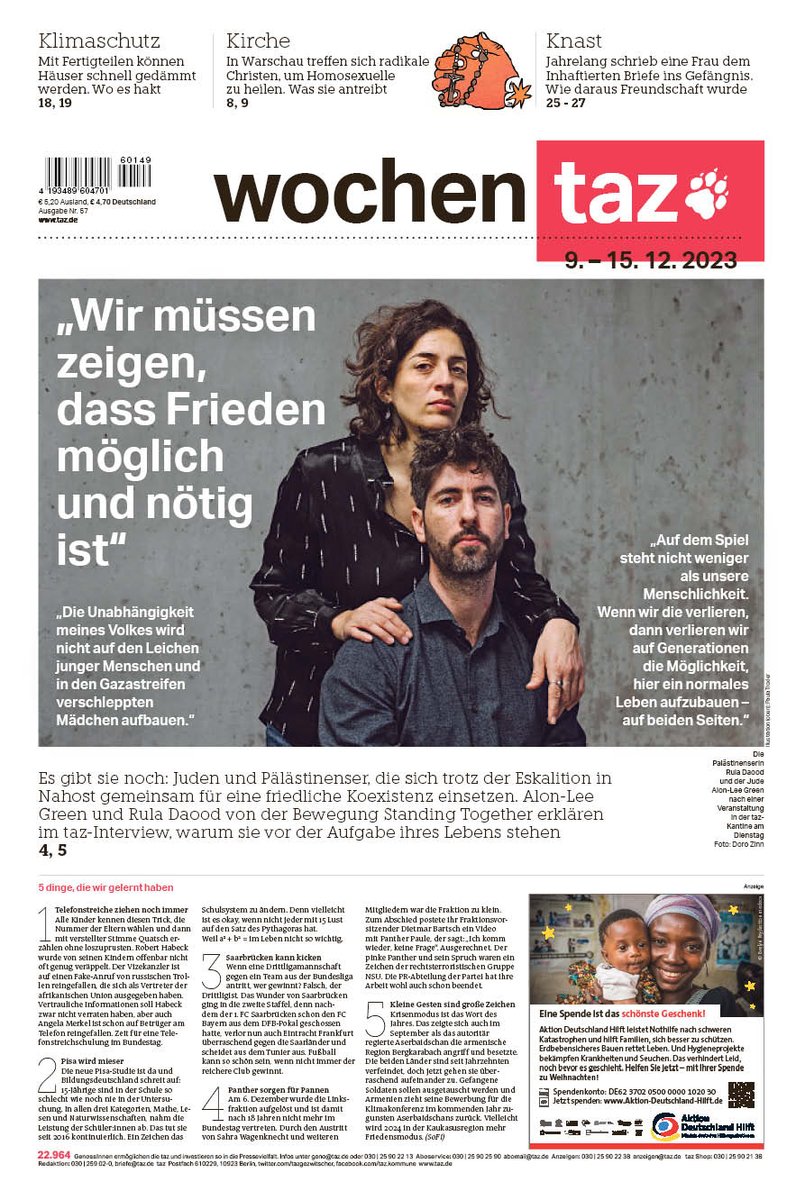 gereonas's tweet photo. Die #tazeins der #wochentaz mit der Ankündigung eines sehr lesenswerten Interviews. @D__nah hat mit @AlonLeeGreen und @DaoodRula gesprochen, die mit der Bewegung Standing Together an der Kooperation von Juden und Palästinensern festhalten. Jetzt erst recht. @tazgezwitscher https://t.co/iummKMdTFx