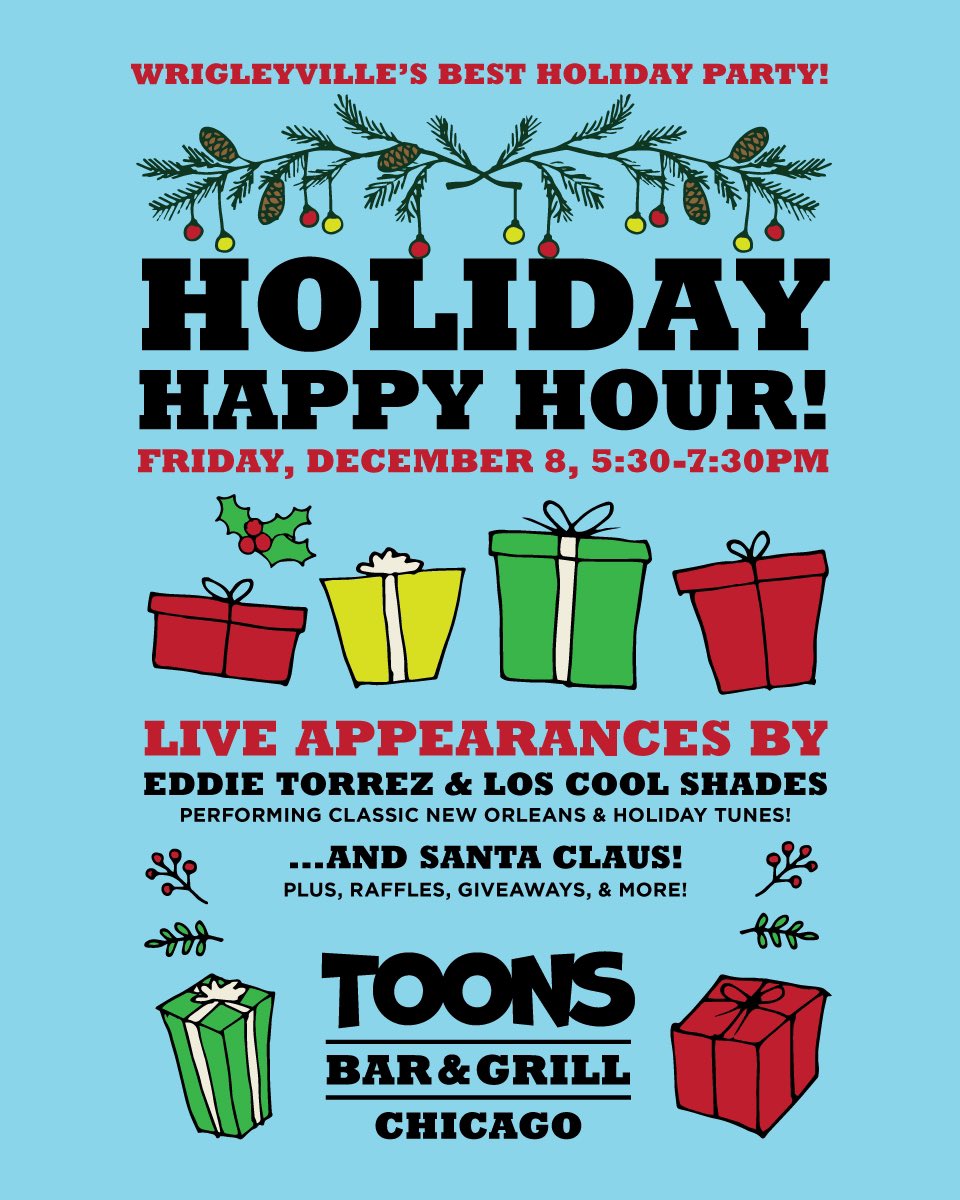 Toons Annual Holiday Happy Hour is TONIGHT! 🎉

BRING CASH for our RAFFLE! Benefits Lakeview's Food Pantry, Nourishing Hope. 🙏

#chicagobars #wrigleyville #southportcorridor #lakeviewchicago #holidayparty #chicagoholidays