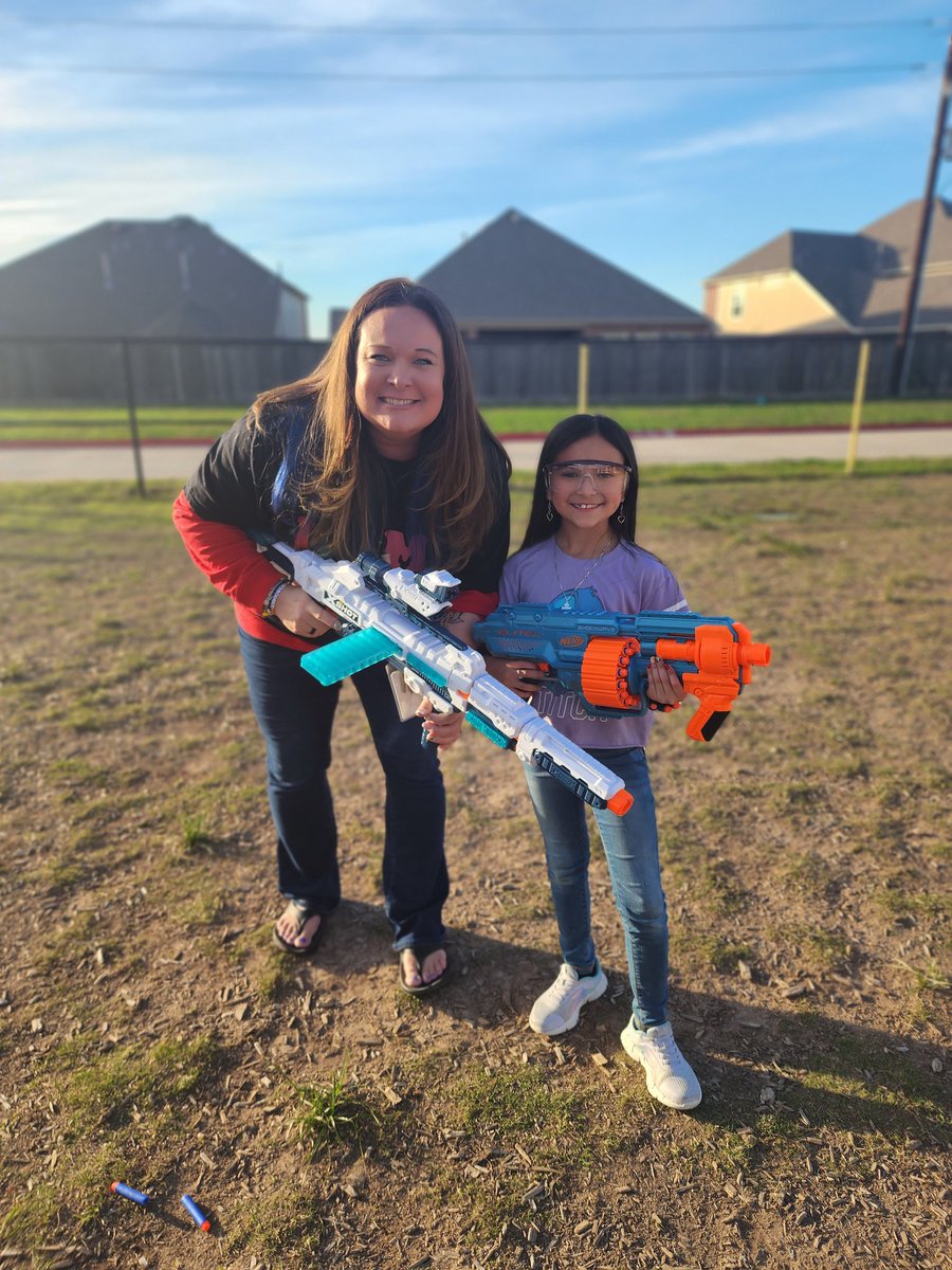 McElwain silent auction winner ( Andrea) for 3rd grade Nerf war, teachers verses students.  It was a beautiful afternoon this  Tuesday. Andrea enjoyed it with her bestie and two wonderful teachers.