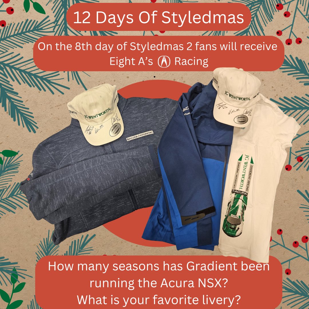 On the 8th day of Styledmas, 2 fans will receive, Eight A's a racing! Answer the question below for a chance to win a Gradient Racing autographed package. 2 winners will be chosen! Reminder, winners will be chosen live after the total contest. #Styledmas #printedbystyled