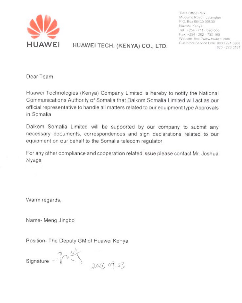 SuldanMohamed_'s tweet photo. Allegations of corruption by @SomaliaNCA have emerged regarding two telecommunications attempting to monopolise the 5G network in #Somalia.
Utilising govt powers with alleged involvement of NISA Chief, the NCA has forced #HUAWEI into signing a contract with #Dalkom Ltd.
I kindly ask the Chinese Ambassador @FeiShengchao to look further into this!